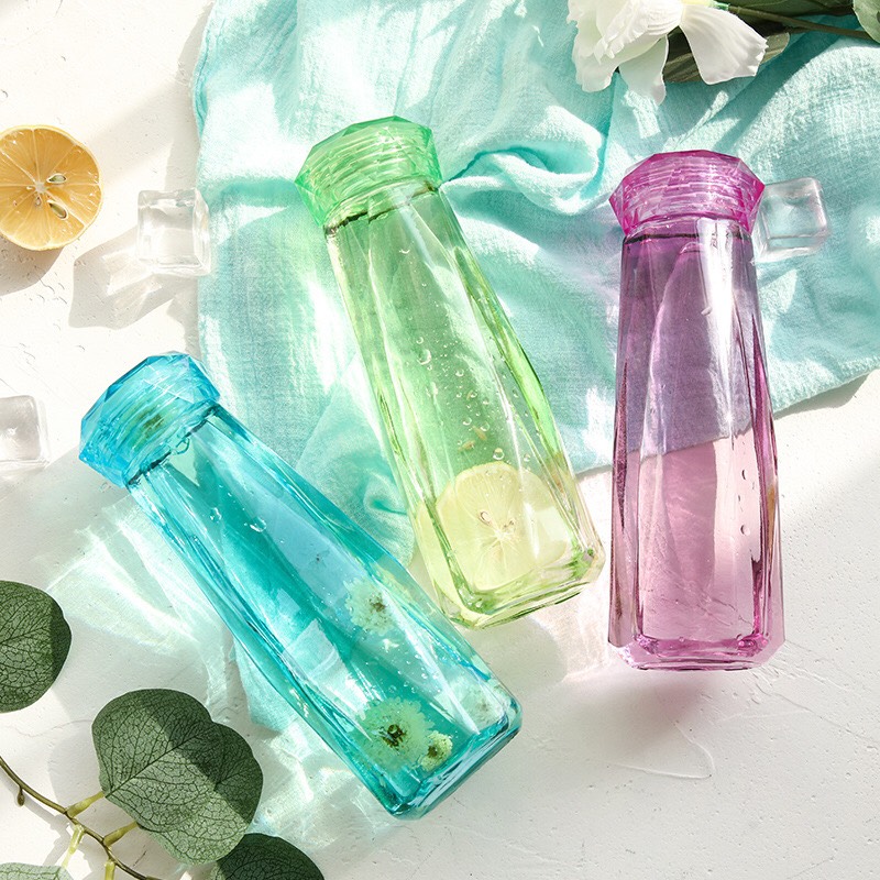 Bình nước thủy tinh kim cương 500ml nhiều màu sắc - Tặng 1 món quà xinh