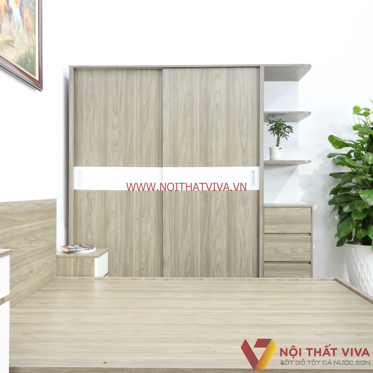 Bộ Combo Phòng Ngủ Gỗ MDF Melamine Màu Xám Phối Trắng Đẹp Hiện Đại
