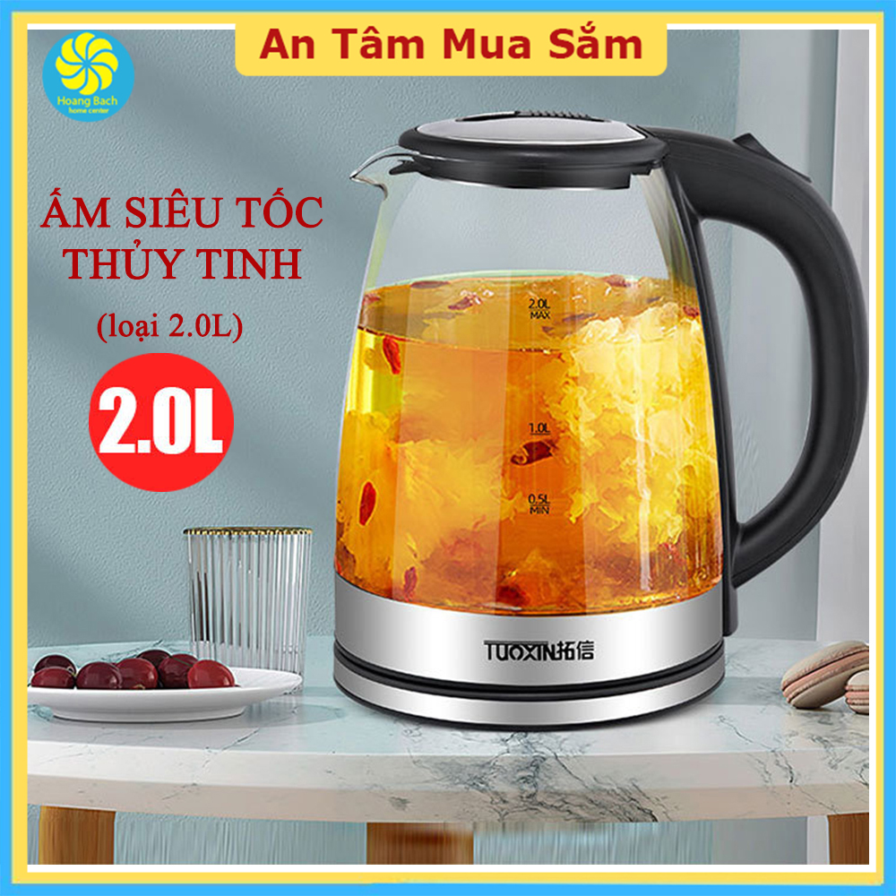 Ấm siêu tốc thuỷ tinh cường lực cao cấp loại 2.0L tự ngắt khi sôi, công xuất lớn1500W đun sôi nhanh.