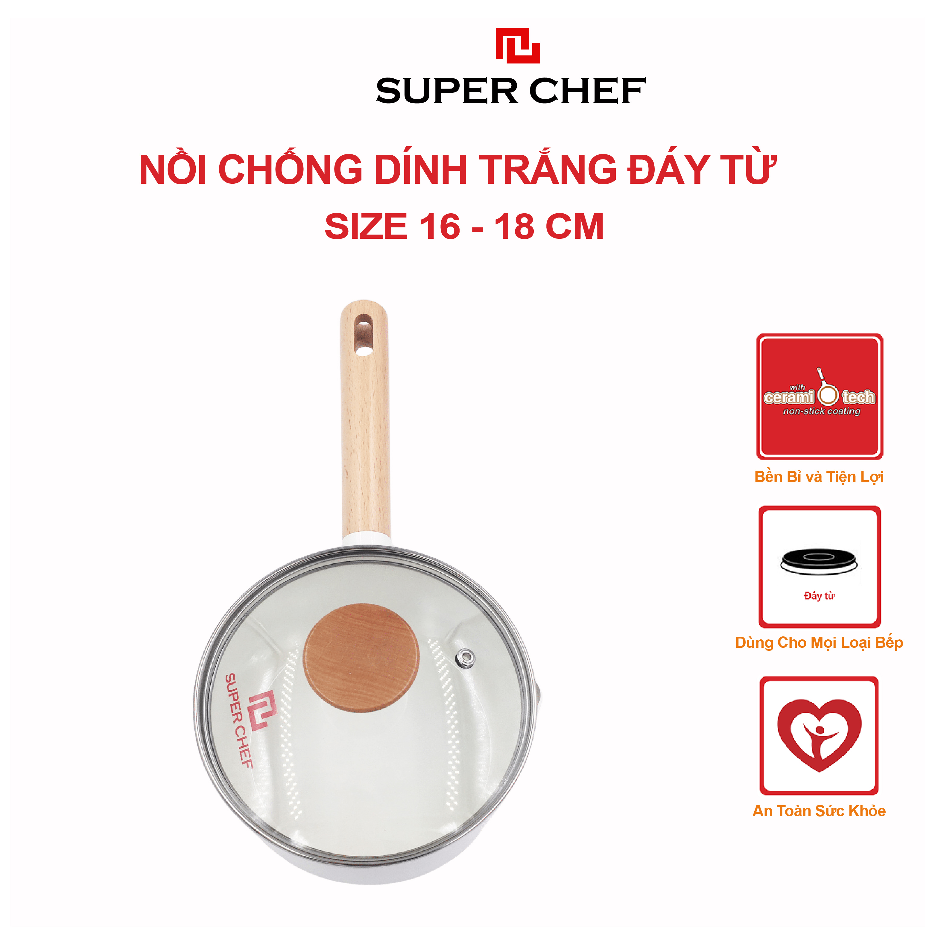 Quánh nắp kính SUPER CHEF hợp kim tráng men trắng đáy từ bền bỉ