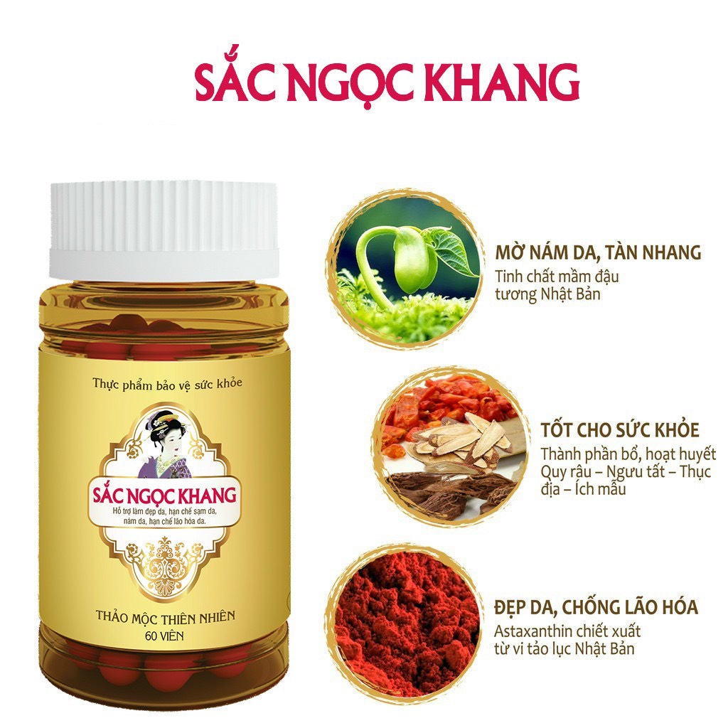 Viên uống Sắc Ngọc Khang Vi tảo lục (60 viên) giúp trẻ hóa làn da xua tan vết nám, hỗ trợ cân bằng nội tiết tố, bổ huyết, điều kinh, hỗ trợ giảm các triệu chứng tiền mãn kinh