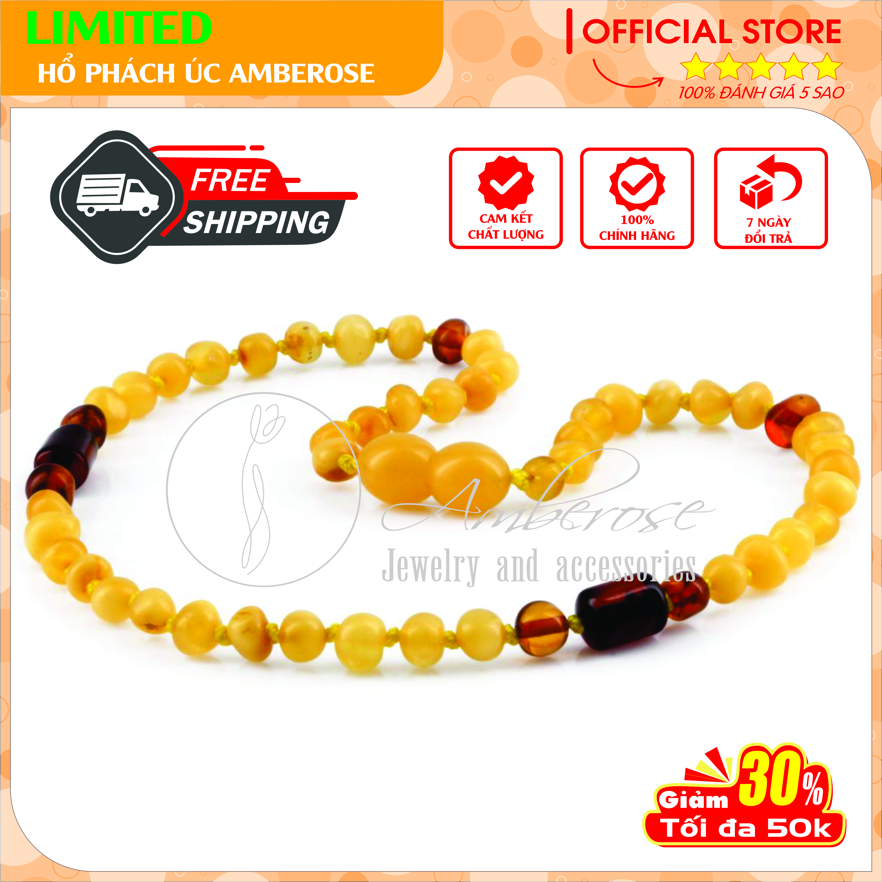 Vòng Cổ Hổ Phách Amber Úc Cho Bé 0 - 10 tuổi ( Mẫu Đặc Biệt ) VCABLMT5