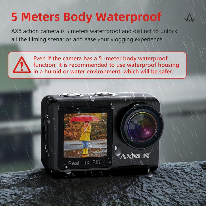 AXNEN AX8 Camera hành động 4K 60FPS Quay video EIS 20MP Ultra HD Hiển thị kép Webcam màn hình cảm ứng 2 inch Cam thể thao chống nước