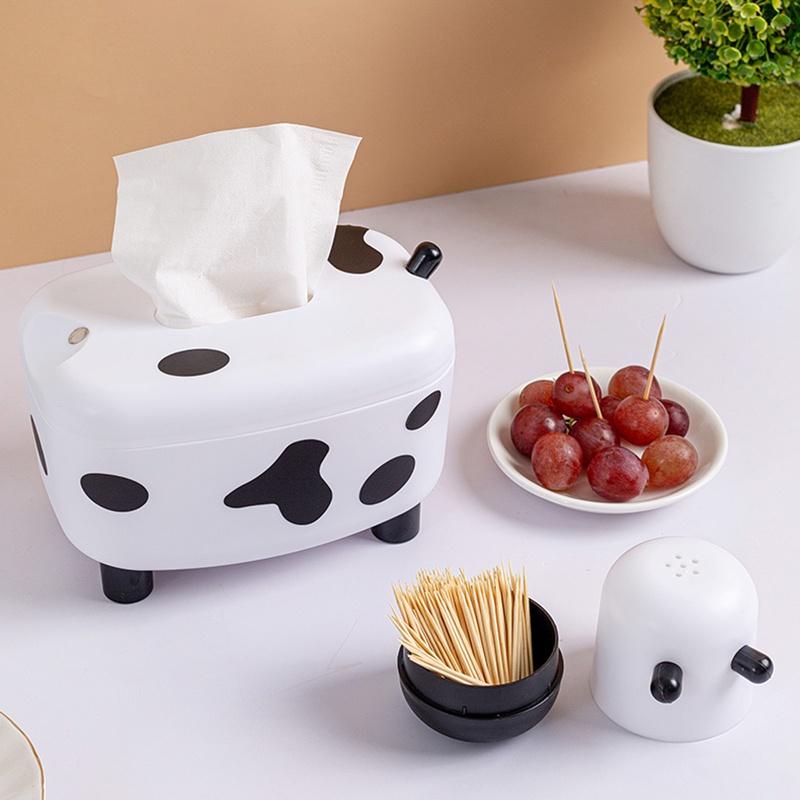 Hộp Đựng Giấy Ăn Khăn Giấy Kiêm Lọ Đựng Tăm Bò Sữa Decor Bàn Ăn Cute