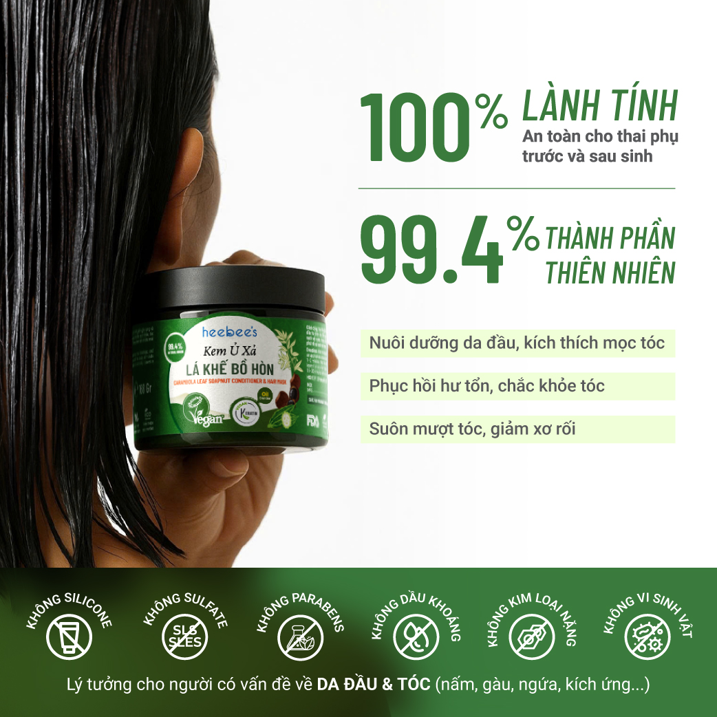Kem Ủ Xả Lá Khế Bồ Hòn Heebee's Suôn Mượt, Chắc Khỏe, Bồng Bềnh 168 Gram