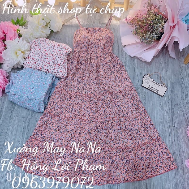 Đầm hoa nhí 2 dây có mút ngực nhún tầng