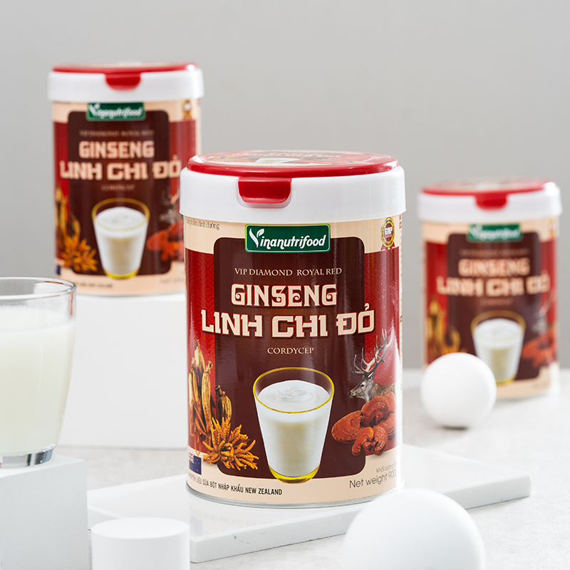 Sữa bột Ginseng Linh Chi Đỏ Vinanutrifood chứa DHA, Omega3, Choline bổ sung sắt, kẽm, magie hỗ trợ nâng cao tuần hoàn máu, phục hồi sức khỏe cho người ốm, nâng cao hệ miễn dịch