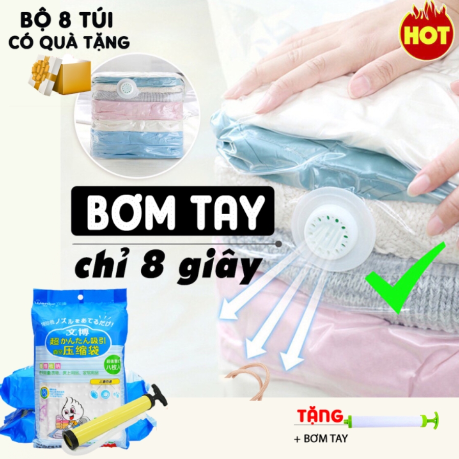 [Tặng kèm bơm tay] Bộ 8 túi hút chân không đựng chăn màn quần áo cao cấp D Danido - Set 8 túi hút chân không bằng nhựa dẻo dai có tặng kèm bơm tay