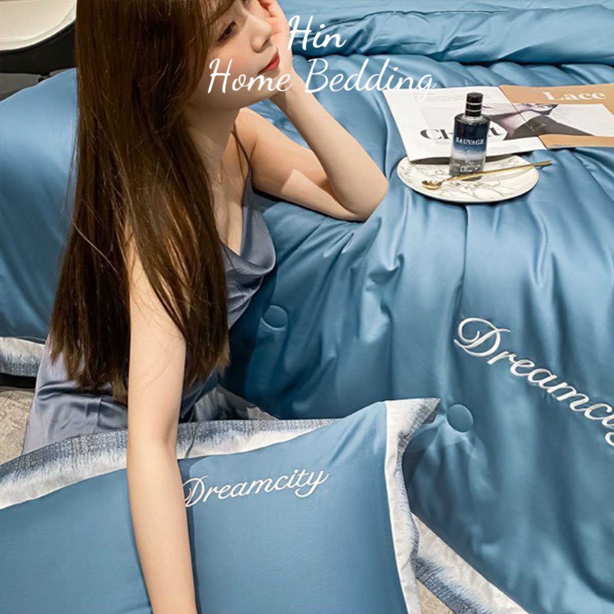 Bộ Chăn Ga Gối Đệm 5 Món Chăn Phao Lụa Thái Hin Home Bedding Mẫu Xanh Biển Đậm