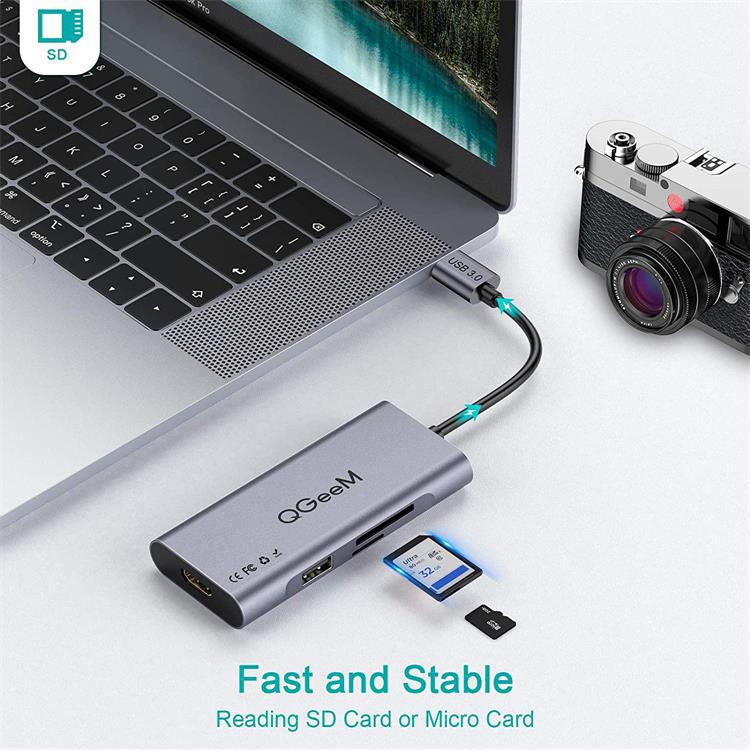 Bộ thiết bị Hub chuyển đổi chia USB 3.0 QGeeM 7 trong 1 4K sang HDMI, 3 x USB-A, 1 x USB-C sạc nhanh PD 100w, 1 khe đọc thẻ SD&TF hỗ trợ HDMI và tương thích với Chromebook Thunderbolt - Hàng Nhập Khẩu