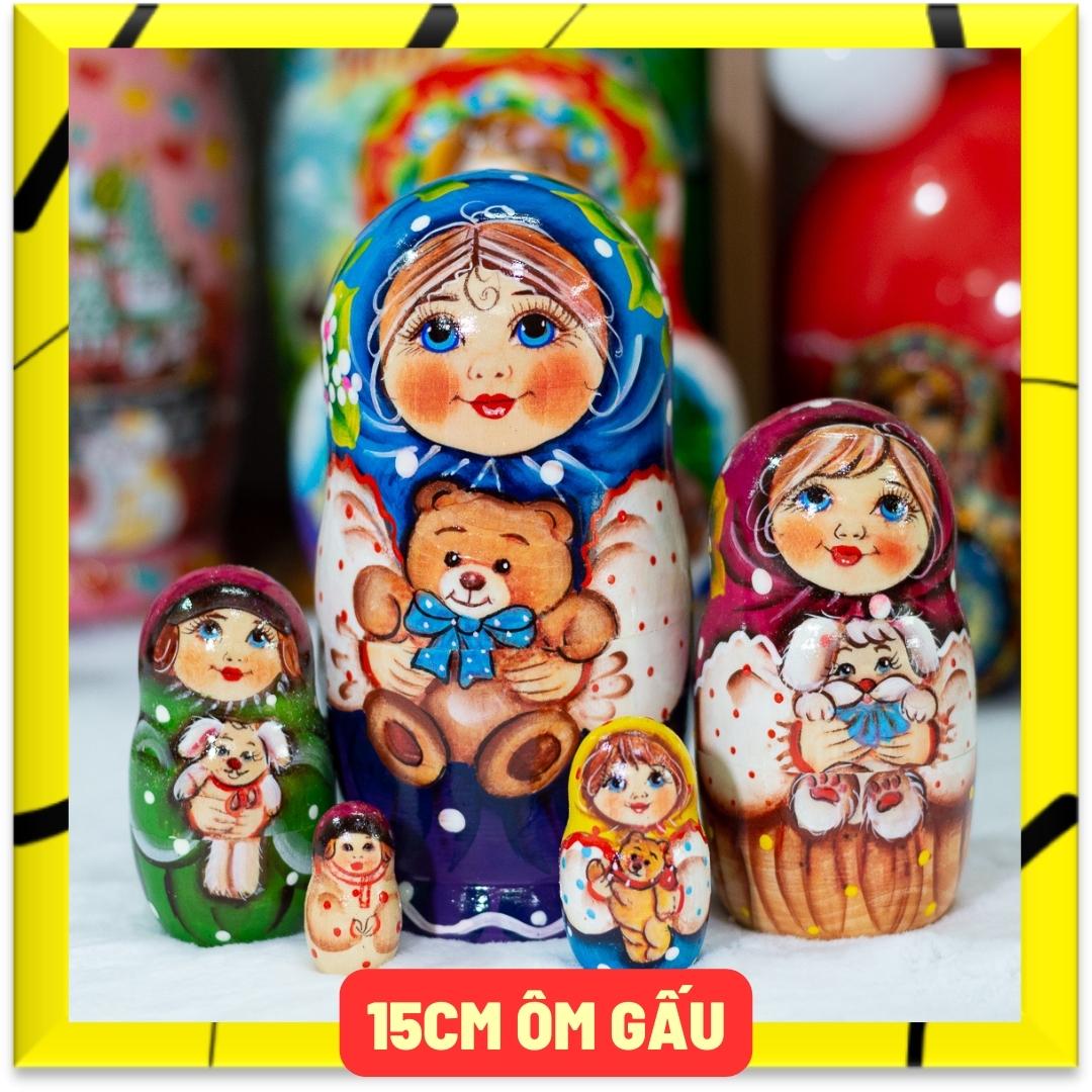 (SIÊU CUTE) BỘ BÚP BÊ NGA MATRYOSHKA 5 LỚP 15CM HÀNG LƯU NIỆM &quot;CÔ BÉ MISA ÔM GẤU&quot; CỰC ĐẸP VÀ DỄ THƯƠNG