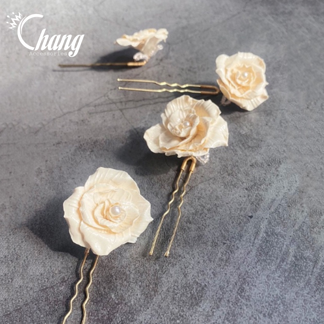 Ghim cài tóc cô dâu, dự tiệc, sự kiện, biểu diễn thiết kế 1 bông hoa đơn giản sang trọng màu ngà xinh xắn GCT1H1