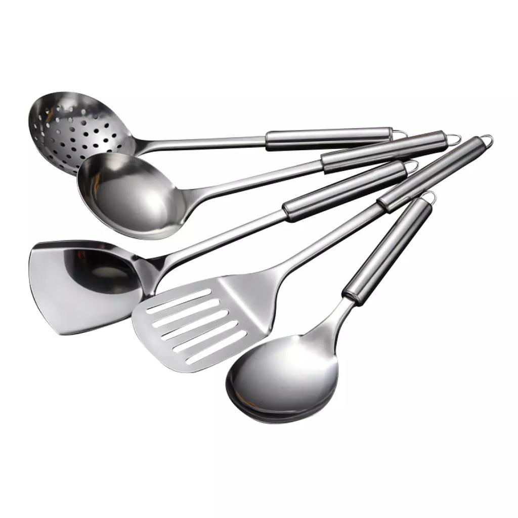 BỘ 5 món Dụng cụ nhà bếp. Bộ Muỗng Sạn Vá Canh, Sạn lỗ, Vá lỗ INOX. Bộ dụng cụ chế biến nấu ăn phục vụ bàn ăn sang trọng