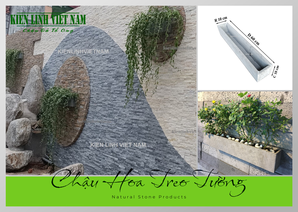 Chậu hình chữ nhật D60x C10x S10cm trồng cây treo tường ban công sân vườn, ốp tường giếng trời đẹp