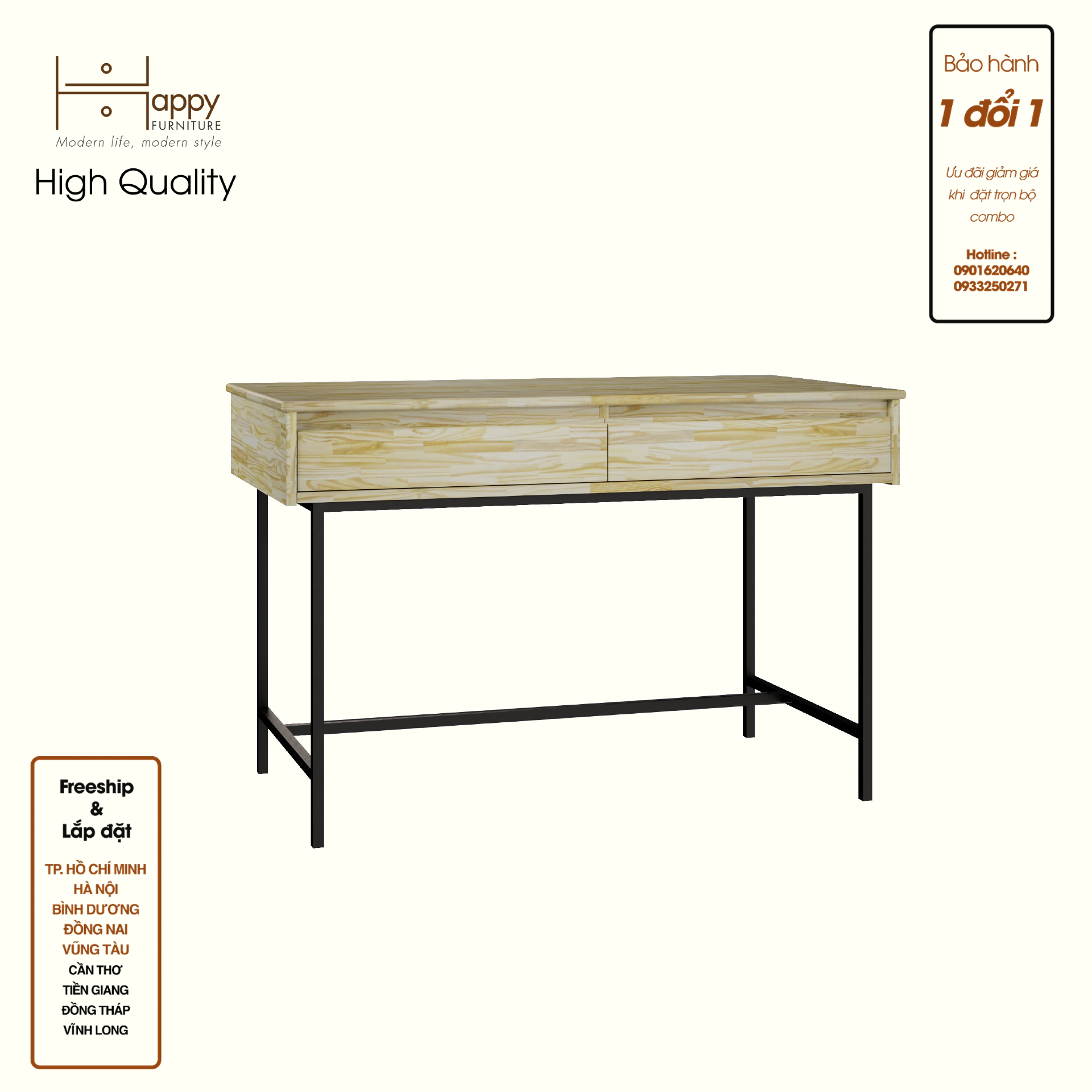 HAPPY FURNITURE , Gỗ tự nhiên , Bàn làm việc 2 ngăn kéo - GALI , BAN_095 , 120cm x 60cm x 78cm