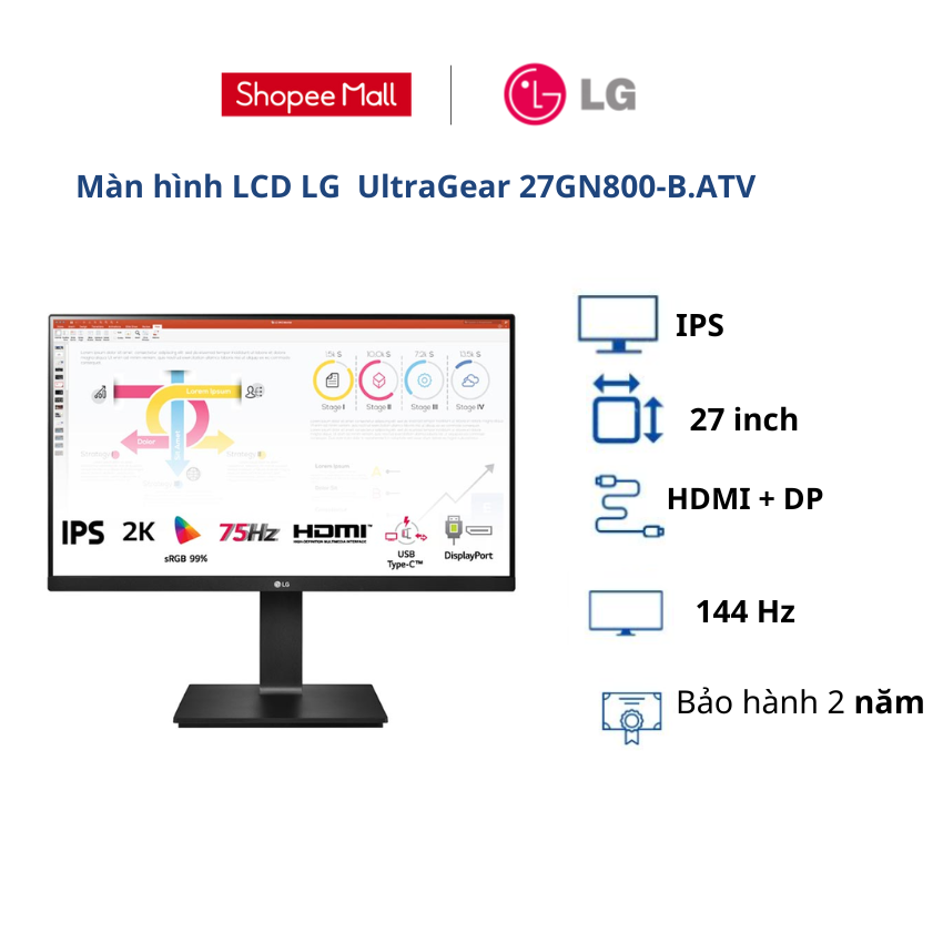 Hình ảnh Màn hình LCD LG 27 inch UltraGear 27GN800-B.ATV (WFHD| IPS| 144Hz| HDMI+DP)- BH chính hãng 24 tháng/ Hàng chính hãng