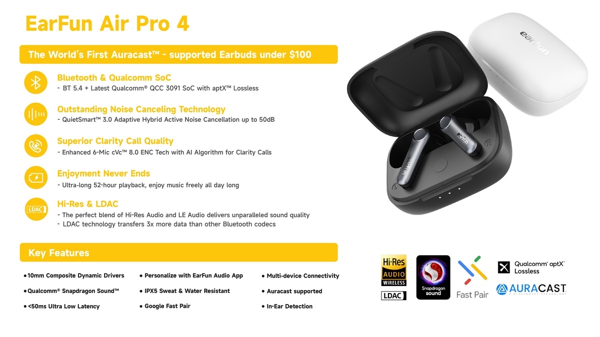 Tai nghe True Wireless EARFUN Air Pro 4 Màu ĐEN | QCC3091 | Adaptive ANC | Game mode &lt;50ms | Auracast-Hàng Nhập Khẩu