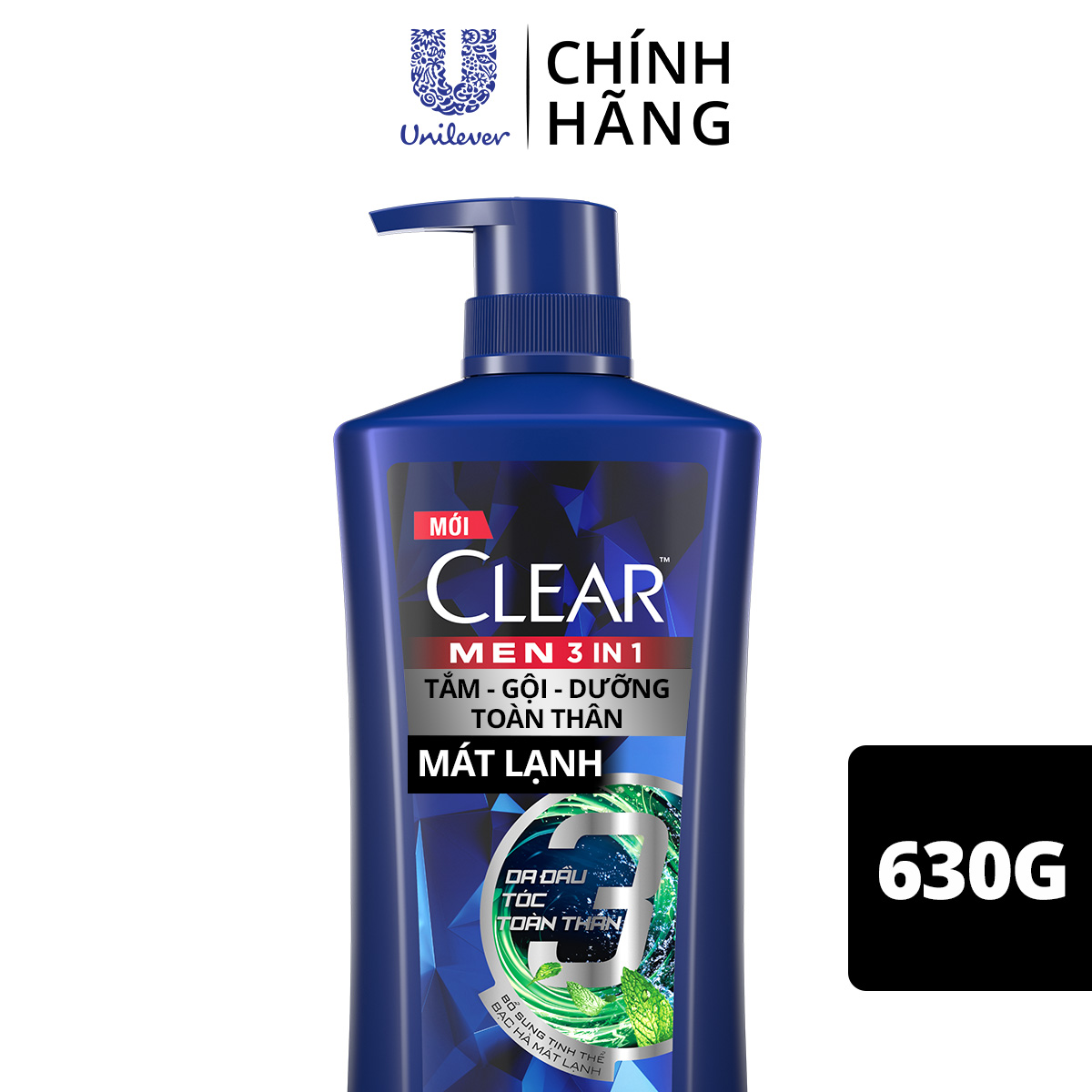 Dầu Tắm - Gội - Dưỡng Mát Lạnh 3 trong 1 cho nam 630g Clear Men Active Cool Mát Lạnh bổ sung than hoạt tính