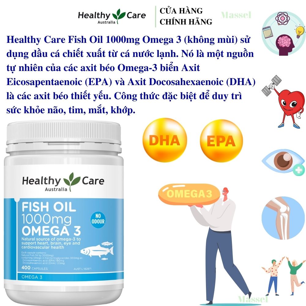 Omega 3 Úc Healthy Care Fish Oil 1000mg Hỗ trợ sức khỏe não bộ, tim mạch, khớp, bổ mắt và tăng sức khỏe tổng thể - Massel Official - 400viên /hộp