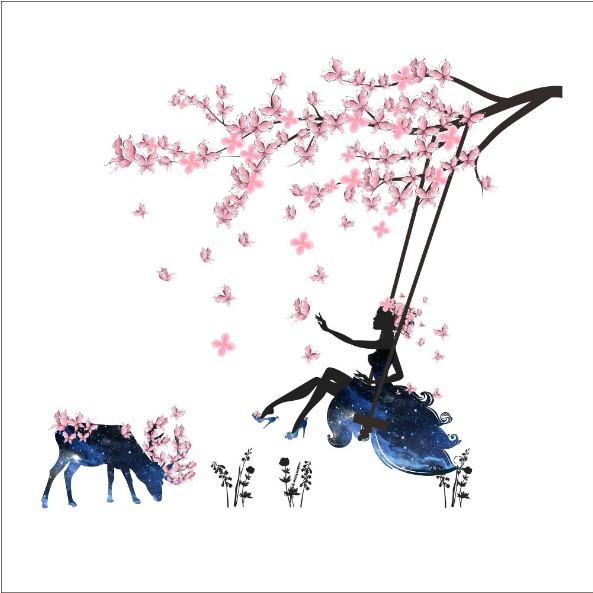 Decal trang trí tường - Cô Gái Hoa Xích Đu và Trâu Hoa