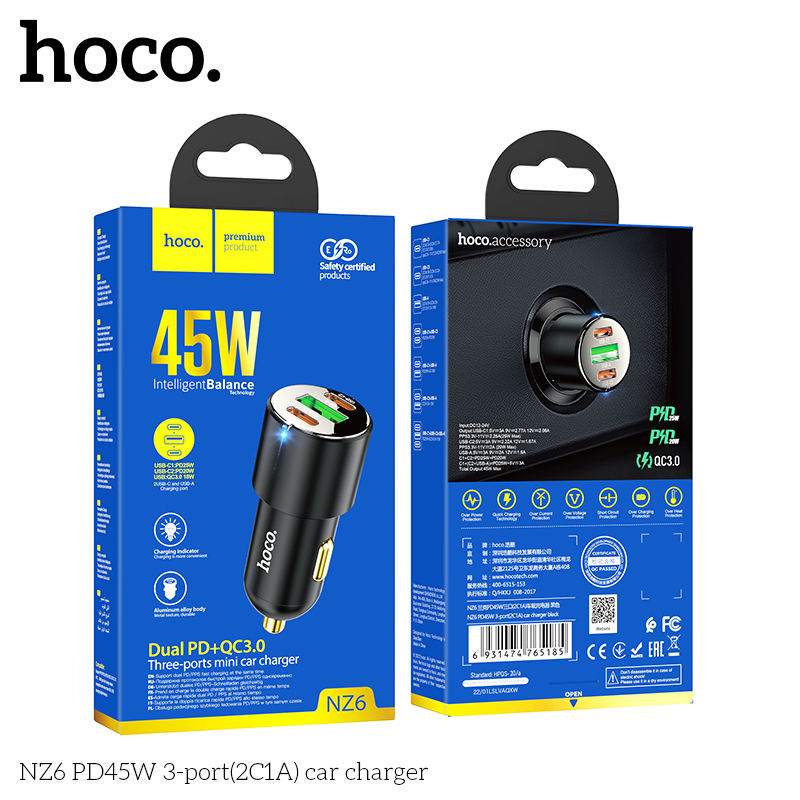 Bộ Sạc Xe Hơi Hoco NZ6 PD45W+ Q.C 3.0 Cao Cấp Hỗ Trợ 2 Cổng Type C, 1 USB-A - Hàng Chính Hãng