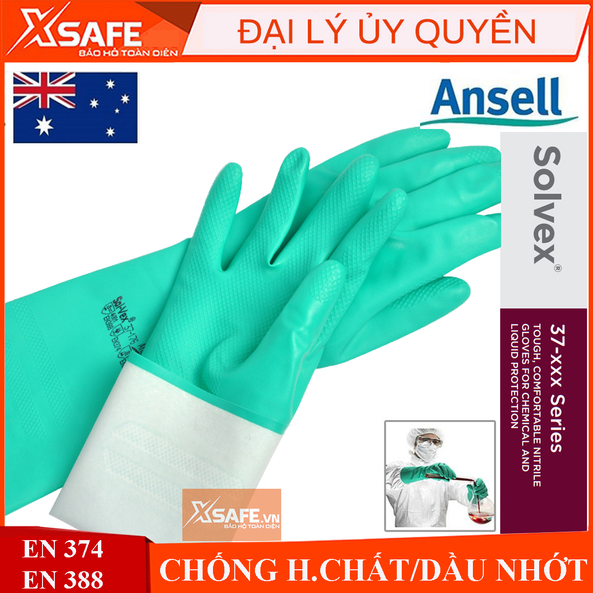 Găng tay chống hóa chất Ansell 37-176 cấu tạo nitrile - chống hóa chất - axit - dầu nhớt - thấm hút mồ hôi tốt