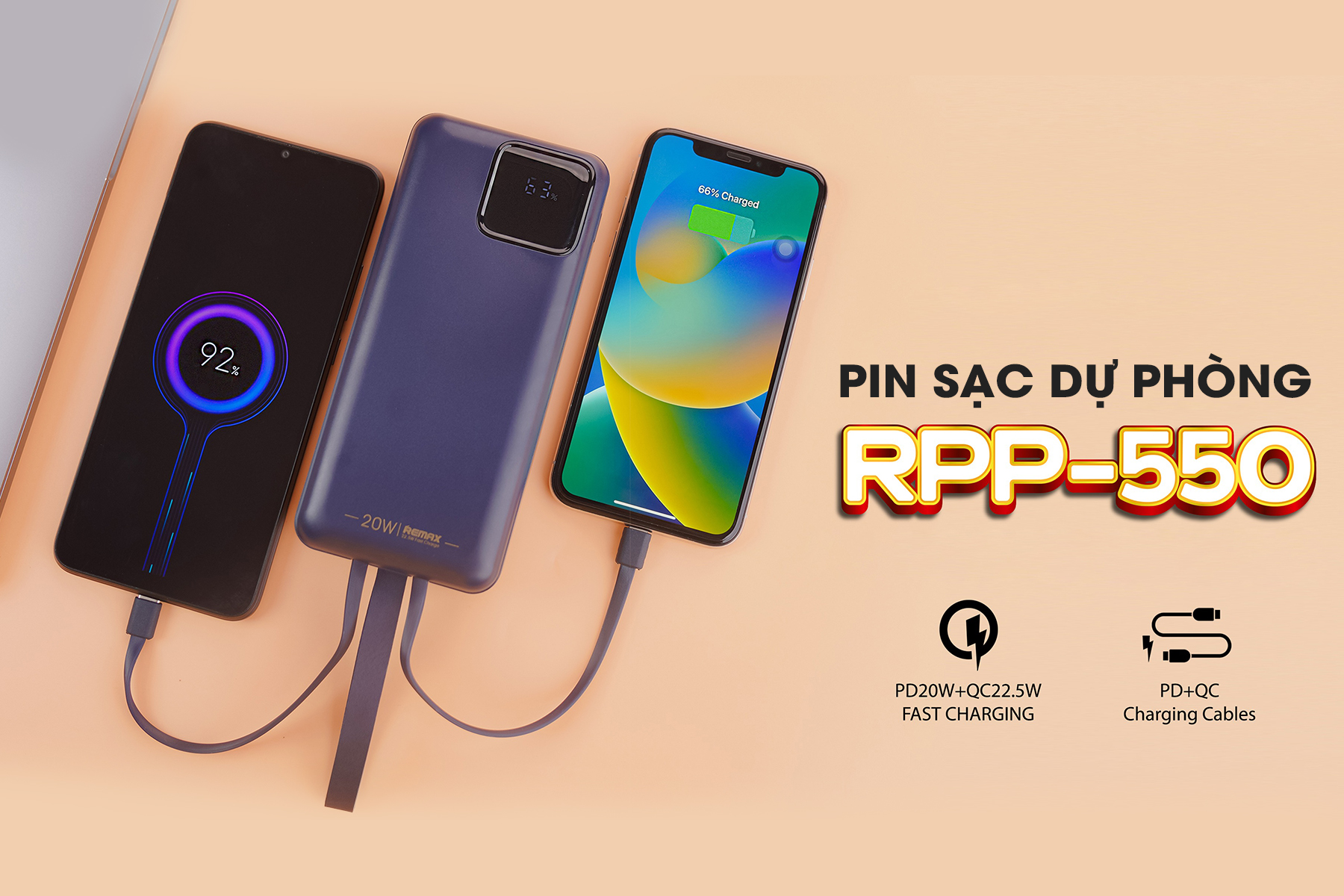 Pin Sạc Dự Phòng 30000mAh Remax RPP-550 Tích Hợp 2 Cáp Sạc Nhanh PD 22.5W QC 3.0 - Hàng Chính Hãng Remax