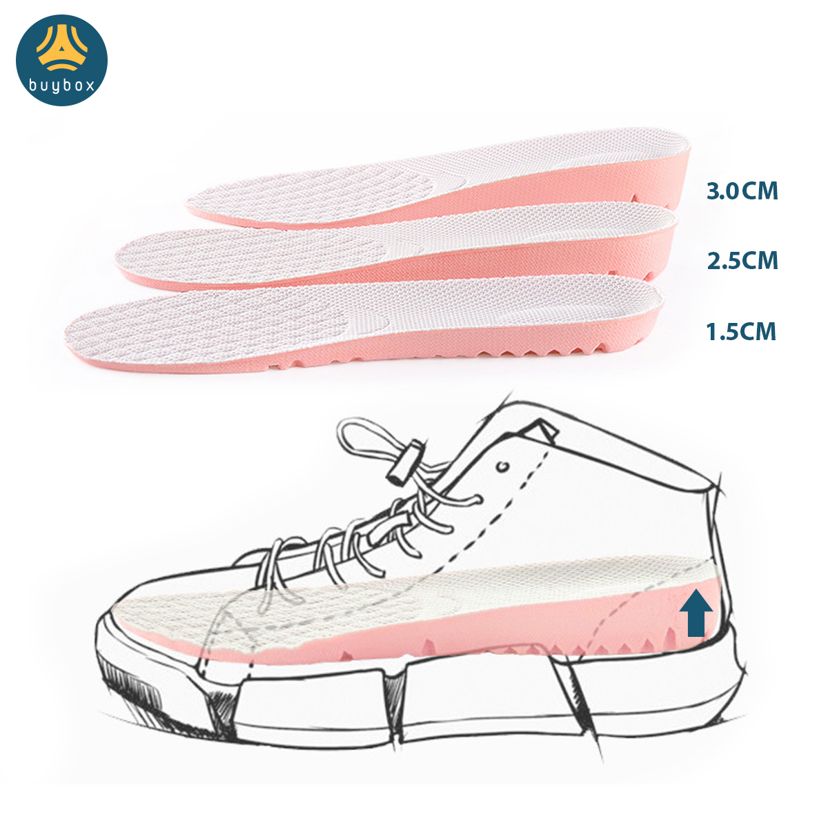 Lót giày tăng chiều cao 1.5cm, 2.5cm, 3cm với đế cao su dẻo cấu trúc tổ ong thoáng khí - Màu hồng mặt vải kem - buybox - BBPK156