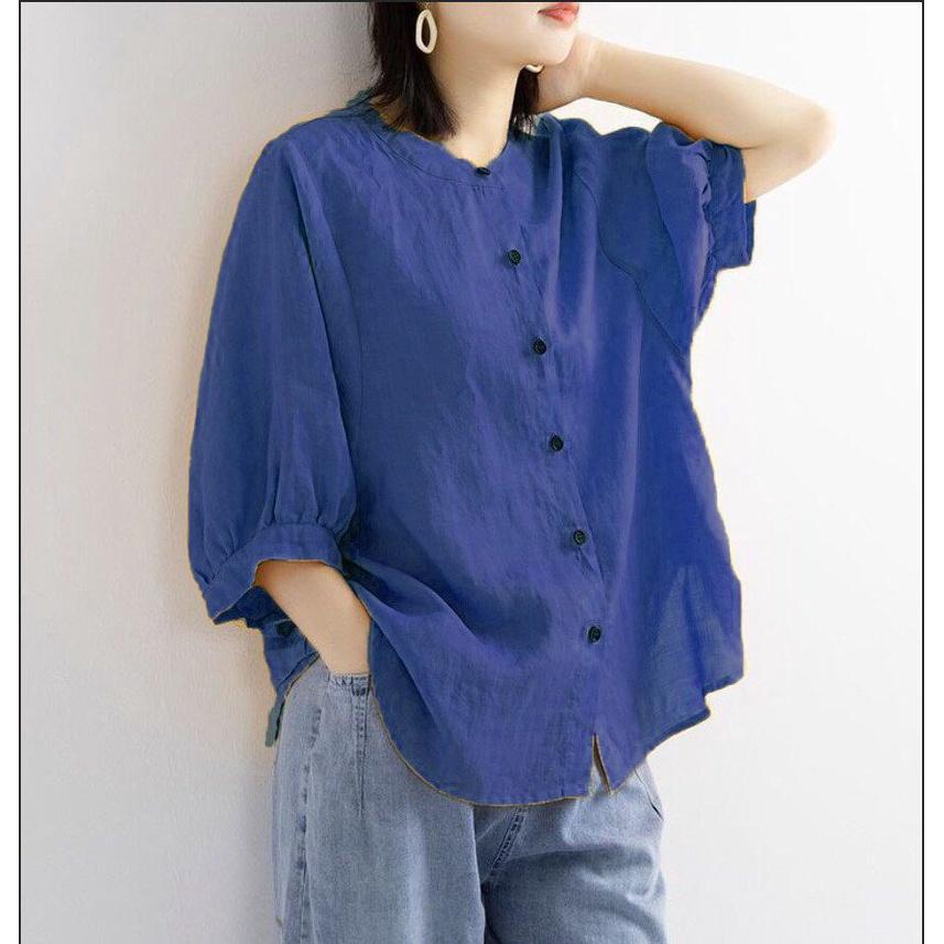 Mẫu Áo Đũi Trơn Nhiều Màu, Mẫu Áo Sơ Mi Nữ Cổ Tròn Vintage Chất Mềm, Phù Hợp Mọi Độ Tuổi
