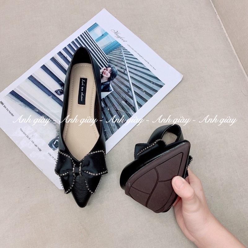 GB45 - Giày bệt mũi nhọn da lì nơ lụa to đế cao su dẻo