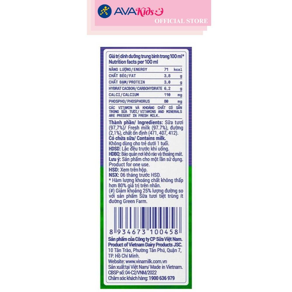 Lốc 4 hộp sữa tươi tiệt trùng Vinamilk Green Farm rất ít đường 180 ml (từ 1 tuổi)