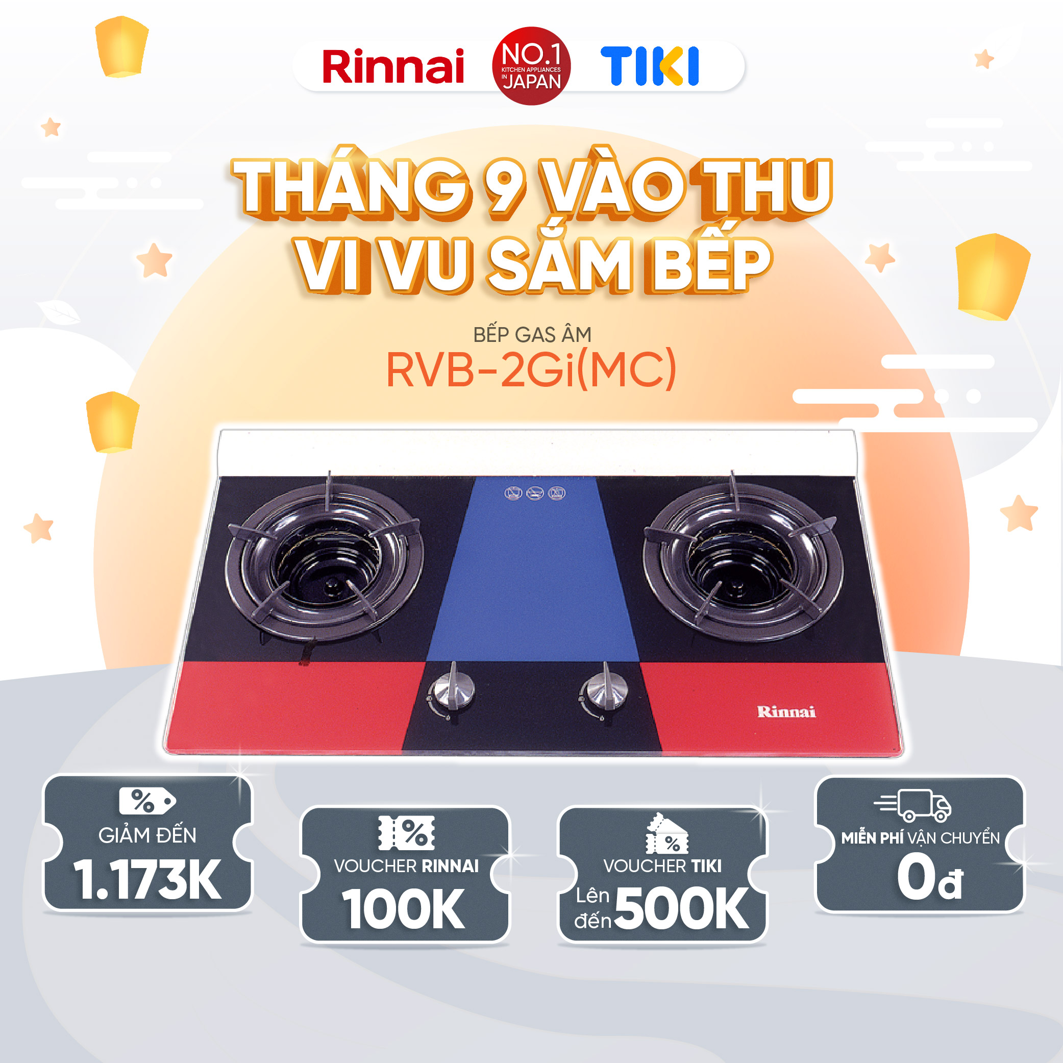 Bếp gas âm đầu đốt trong Rinnai RVB-2Gi(MC) mặt bếp kính và kiềng bếp men - Hàng chính hãng