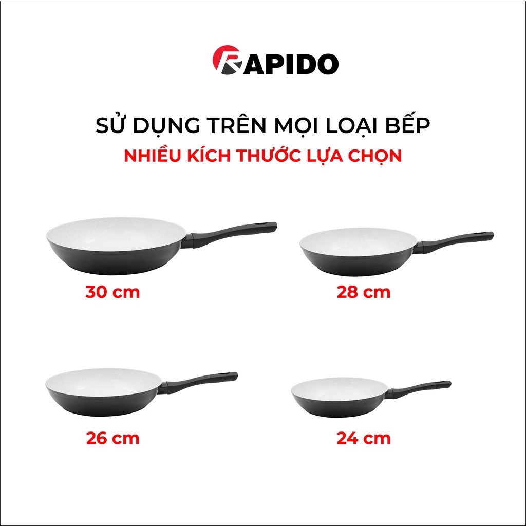 Chảo từ chống dính Rapido, chảo xào vân đá size 24-30cm dùng bếp từ, gas, hồng ngoại - hàng chính hãng
