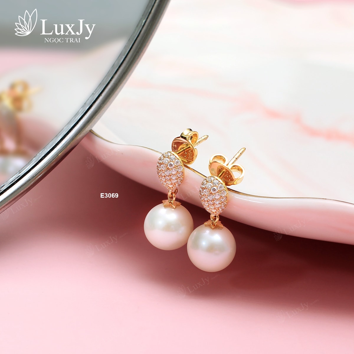 Bông Tai Nữ Ngọc Trai LuxJy Jewelry E3069 - Trắng Ánh Hồng