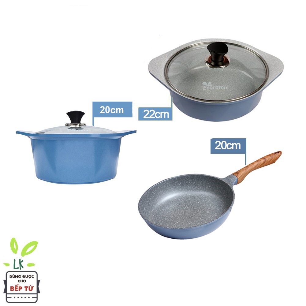 Combo 3 món cao cấp, nồi đúc ceramic đế từ xanh size 20-22cm, chảo đúc vân đá ceramic đê từ size 20cm màu xanh (dùng được tất cả các bếp, kể cả bếp từ) - Hàng chính hãng