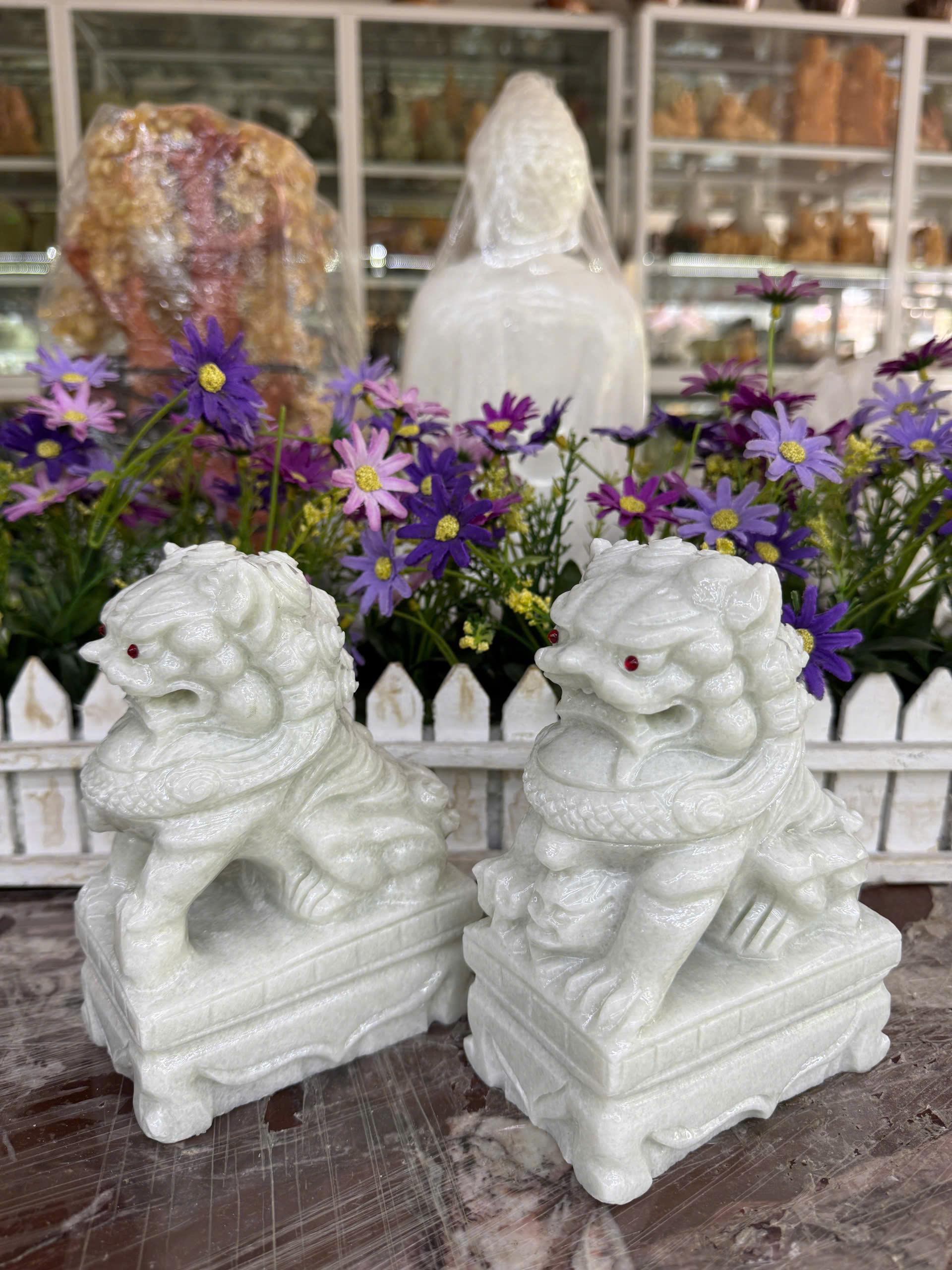 Cặp tượng Kỳ Lân phong thủy đá trắng xanh - Cao 15 cm