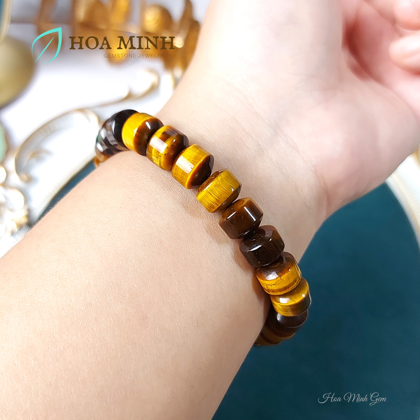 Vòng tay phong thủy đá Mắt Hổ vàng nâu tự nhiên kiểu bánh xe loại 5A size hạt 10 li, tài lộc vượng phát vòng tay nam vòng tay nữ