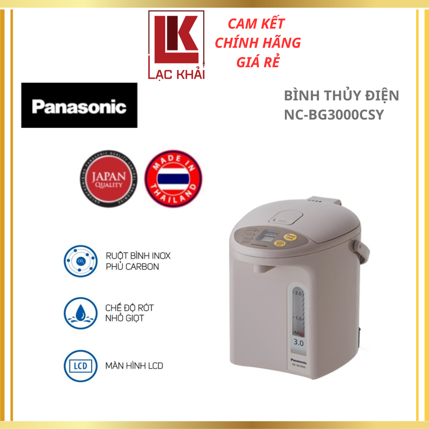 Bình Thủy Điện Panasonic NC-BG3000CSY - Xuất xứ Thái Lan - Dung tích 3L - Công suất 700W - Ruột bình phủ carbon hạt nổi - Màn hình LCD hiện đại - Bảo Hành 12 Tháng - Hàng Chính Hãng