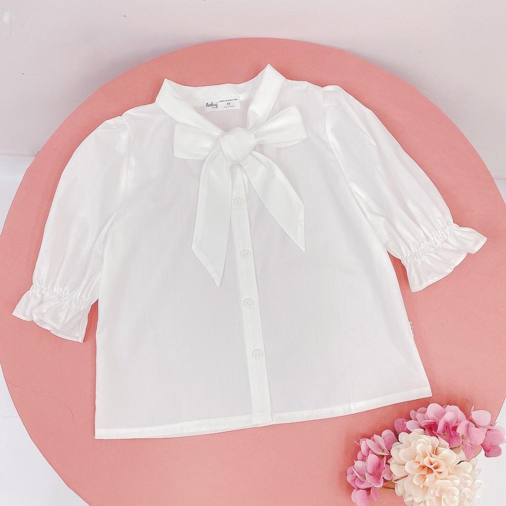 Áo cho bé gái ILABY sơ mi cổ tàu thắt nơ chất thô cotton mát