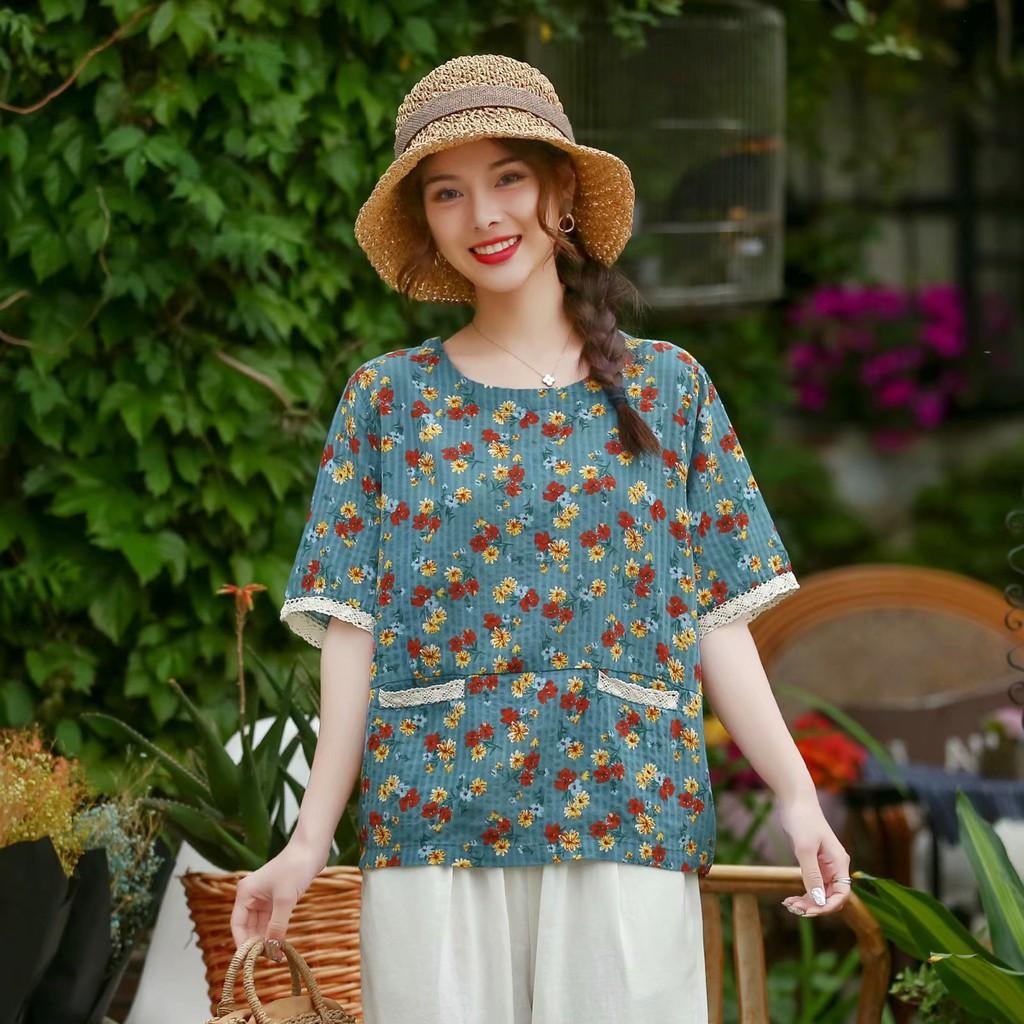 ÁO MORI HOA NHÍ VẠT CONG TÚI VIỀN REN