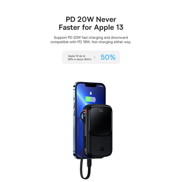 Pin dự phòng tích hợp cáp sạc Baseus Qpow Pro Digital Display Fast Charge Power Bank 10000mAh 20W - Hàng Chính Hãng