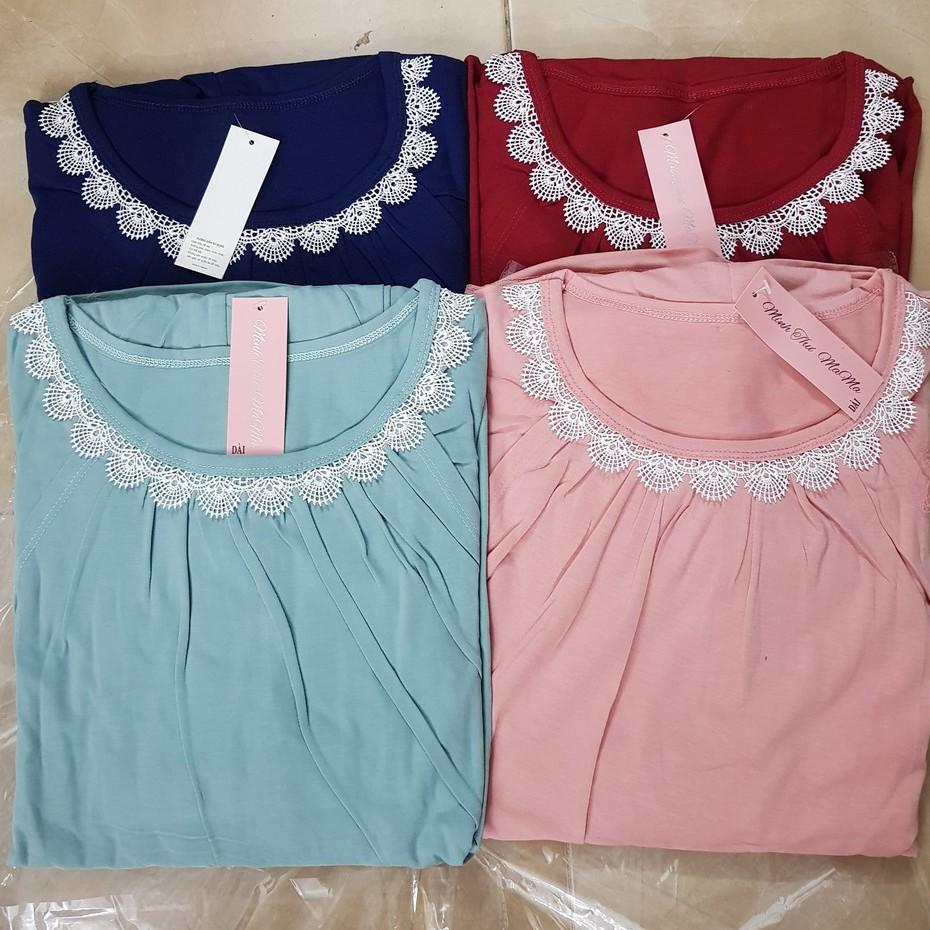 Bộ cotton sau sinh cổ viền ren, vén ngực cho con bú -
