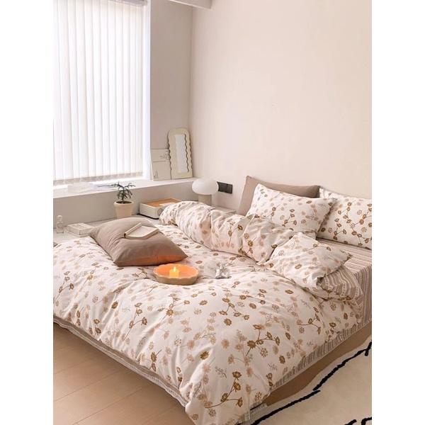 Bộ Chăn Ga Gối Cotton Living 100%cotton Hàng Nhập Khẩu Cao Cấp 4 Món Hoa Nâu