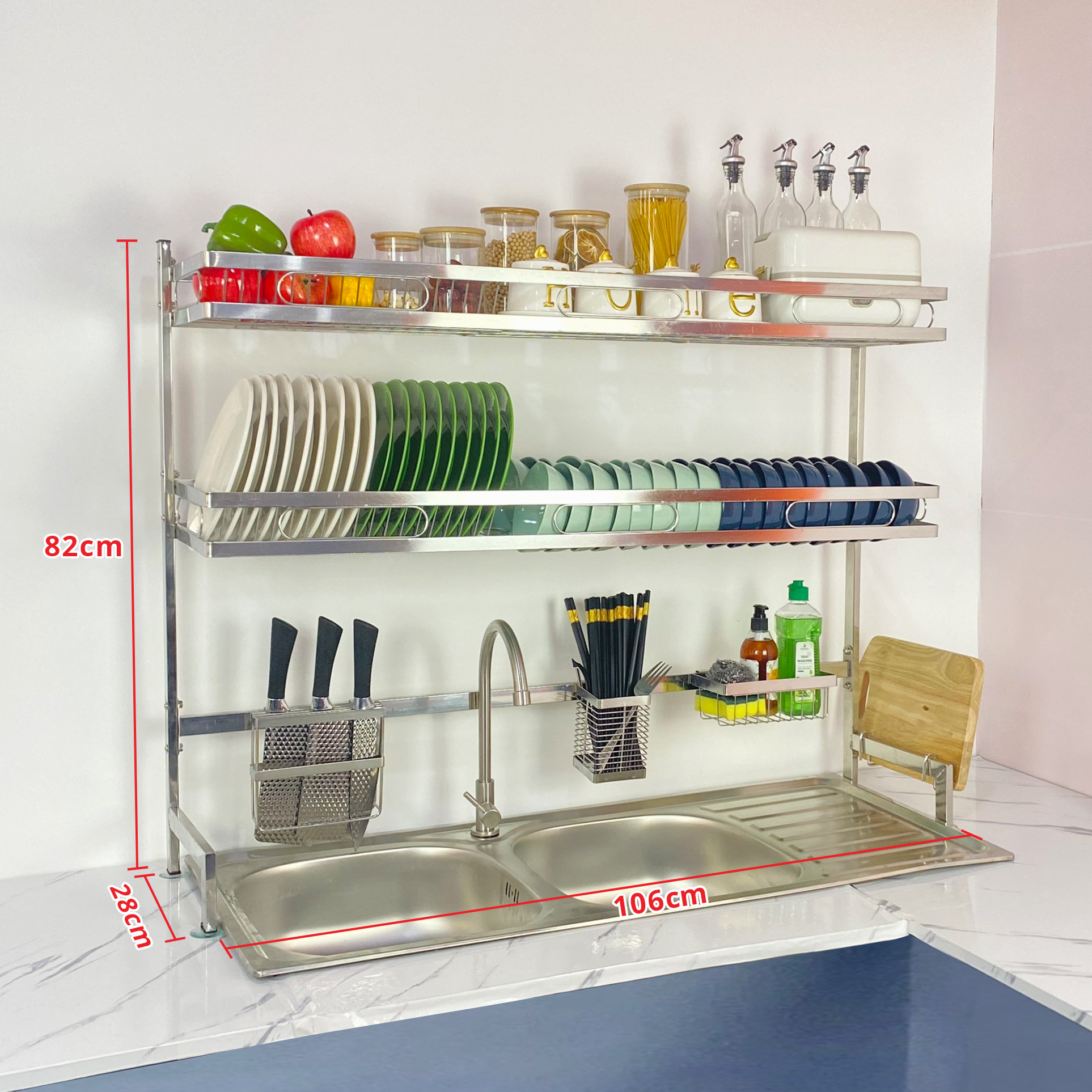 Kệ chén bát đa năng Foodcom bằng inox cao cấp không gỉ, giá để bát trên bồn rửa ráo nước cho nhà bếp sạch sẽ – 2 tầng – Dài 106 cm