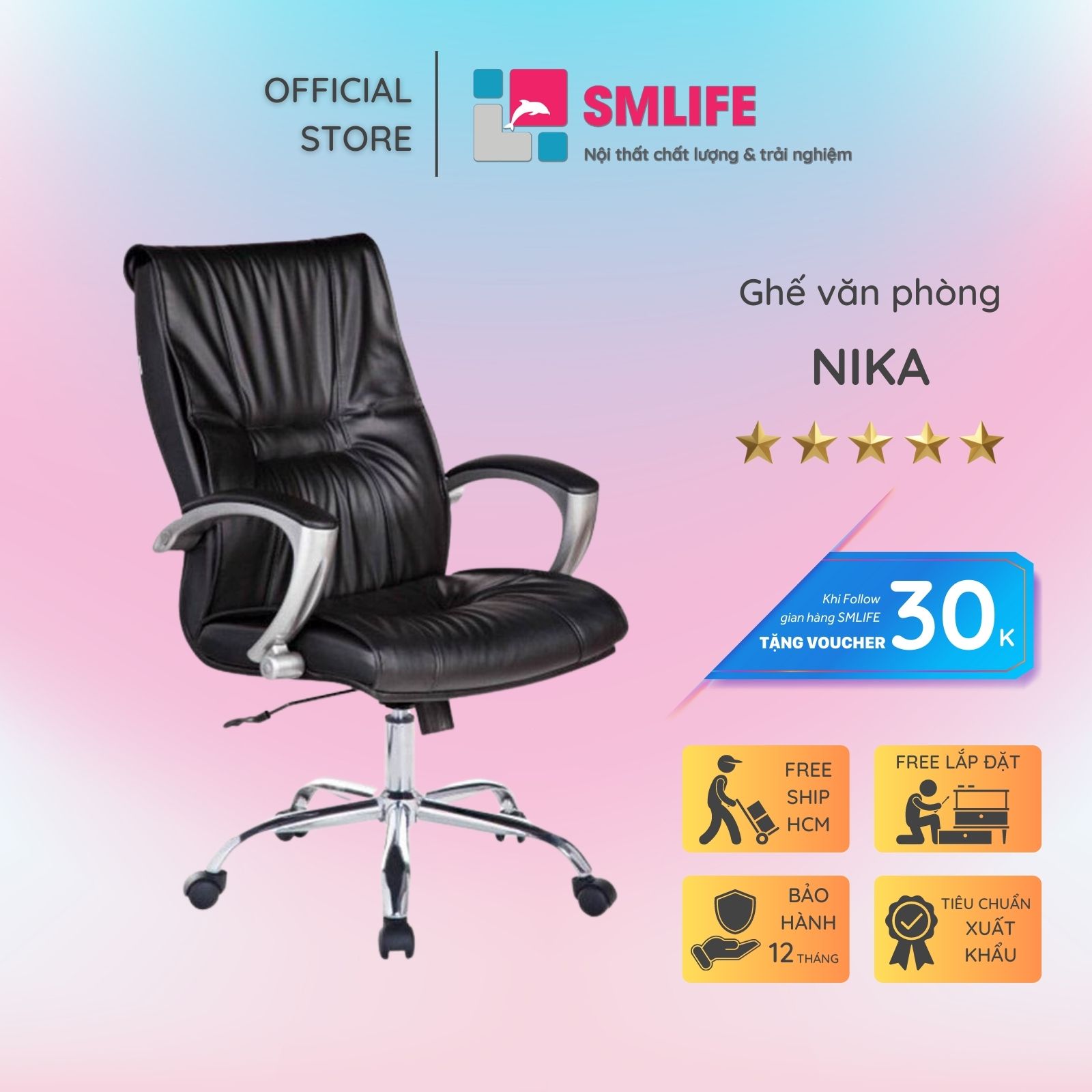 Ghế văn phòng chân xoay lưng trung bọc da SMLIFE Nika