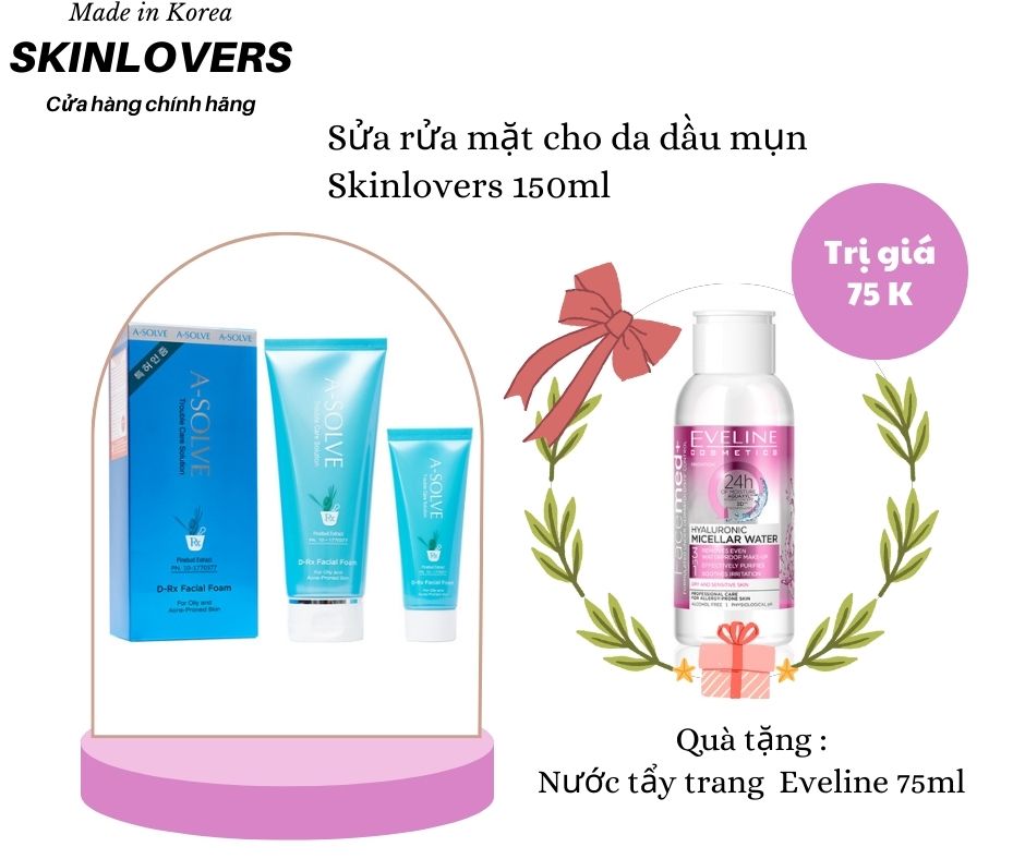 [Tặng nước tẩy trang 100ml] Sữa rửa mặt dành cho da dầu và da mụn Skinlovers ASolve 190ml