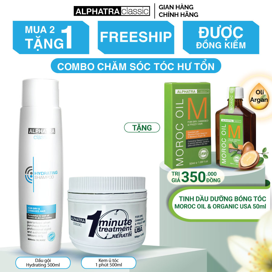 [ COMBO + QUÀ TẶNG ] CHĂM SÓC TÓC HƯ TỔN TỪ ALPHATRA CLASSIC USA - Dầu gội Hydrating 500ml &amp; Kem ủ tóc 1 phút 500ml