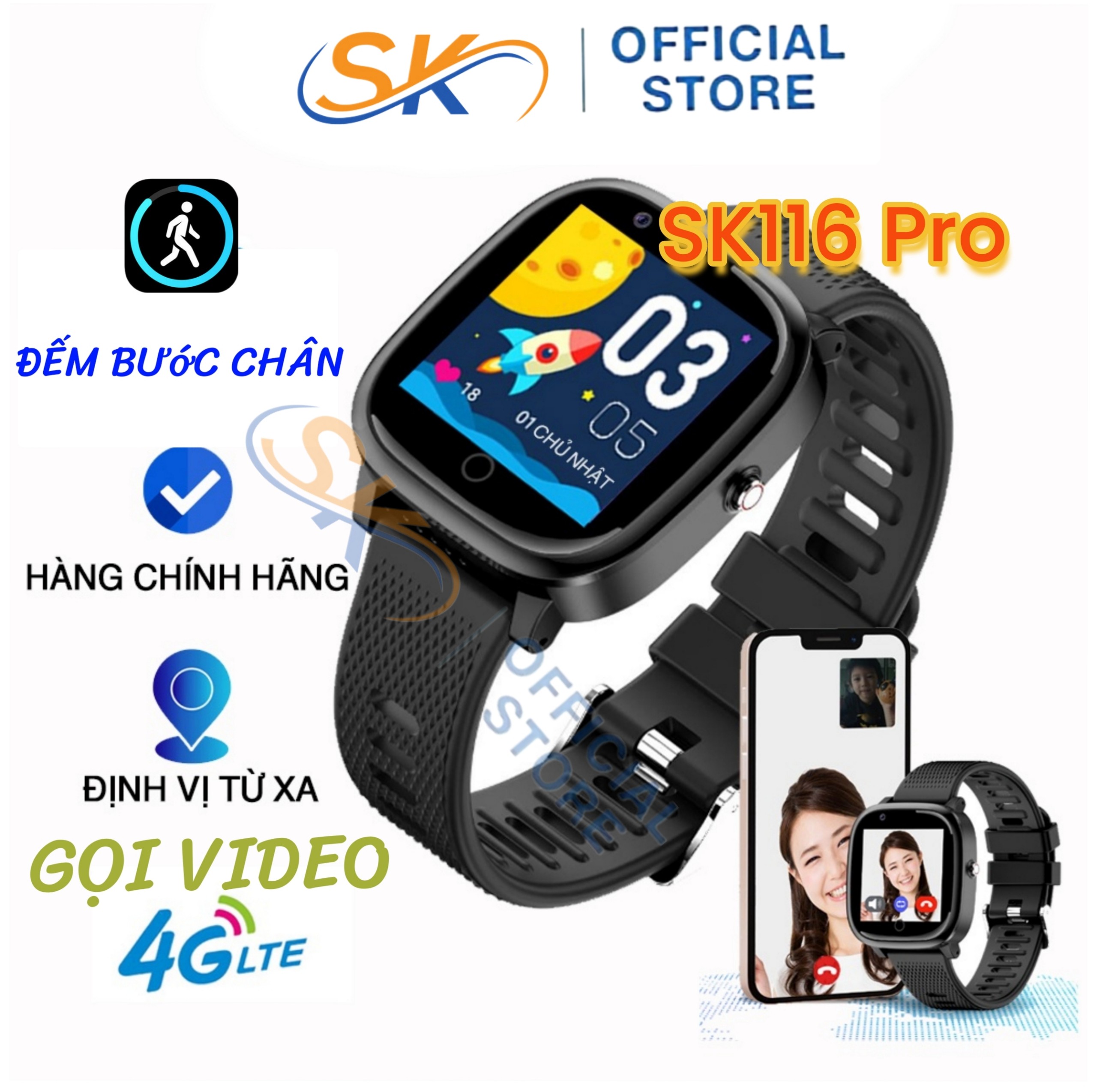 Đồng Hồ Thông Minh Lắp Sim Trẻ Em Chống Nước Gọi Video Call SK116 Pro Có Tiếng Việt - Định Vị GPS - SOS