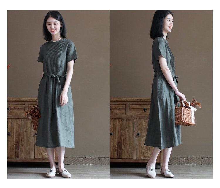 Đầm ngắn tay chất liệu linen cao cấp, dáng suông basic dễ mặc, phong cách kín đáo nhã nhặn NH191 xanh xám