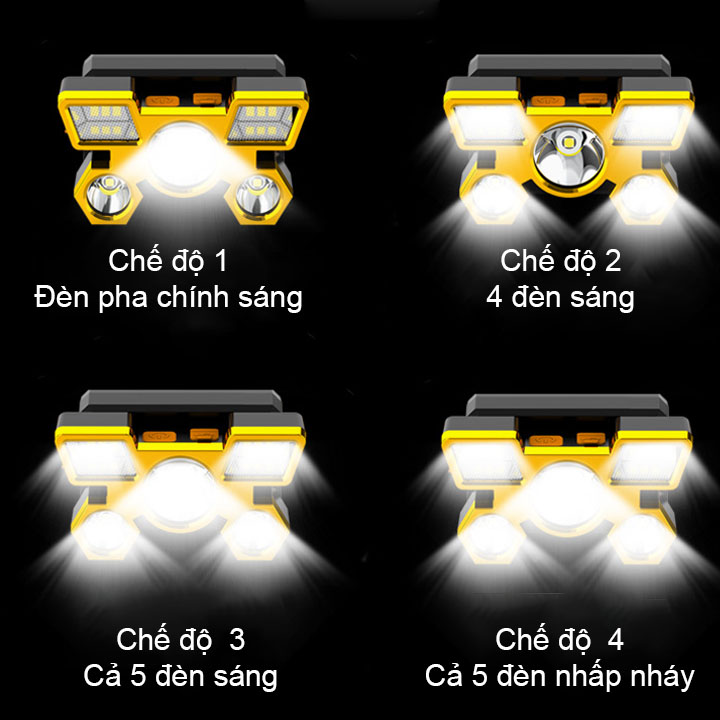Đèn Pin LED siêu sáng đội đầu 5 bóng led với pin sạc gắn sẵn bên trong (màu vàng)